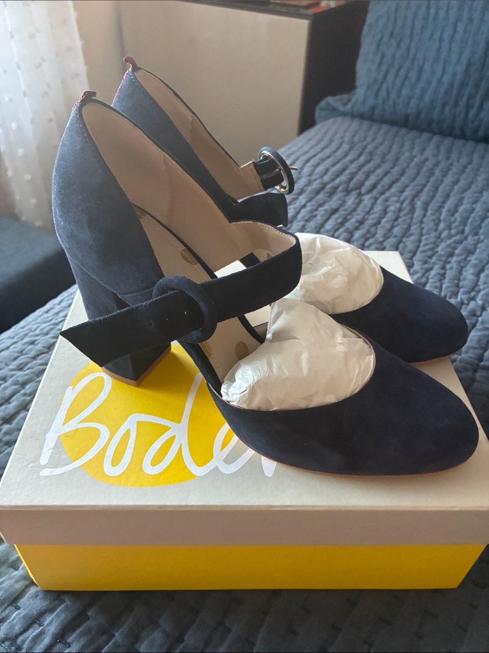 Boden Navy Suede Mary Jane Block Heels with Buckle